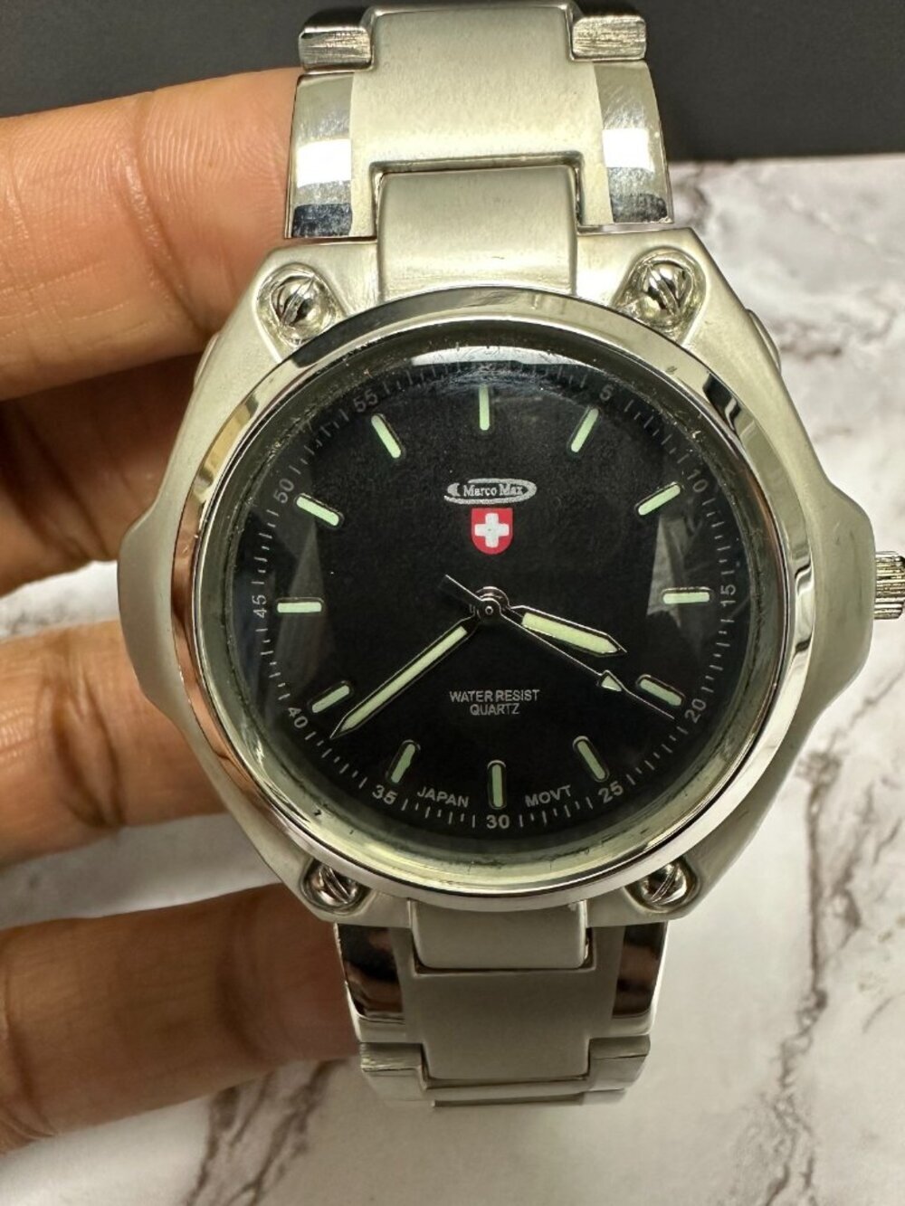 Marco Max Watch Men Silver Tone Black Dial Round 40MM New Battery 8.5 Inch